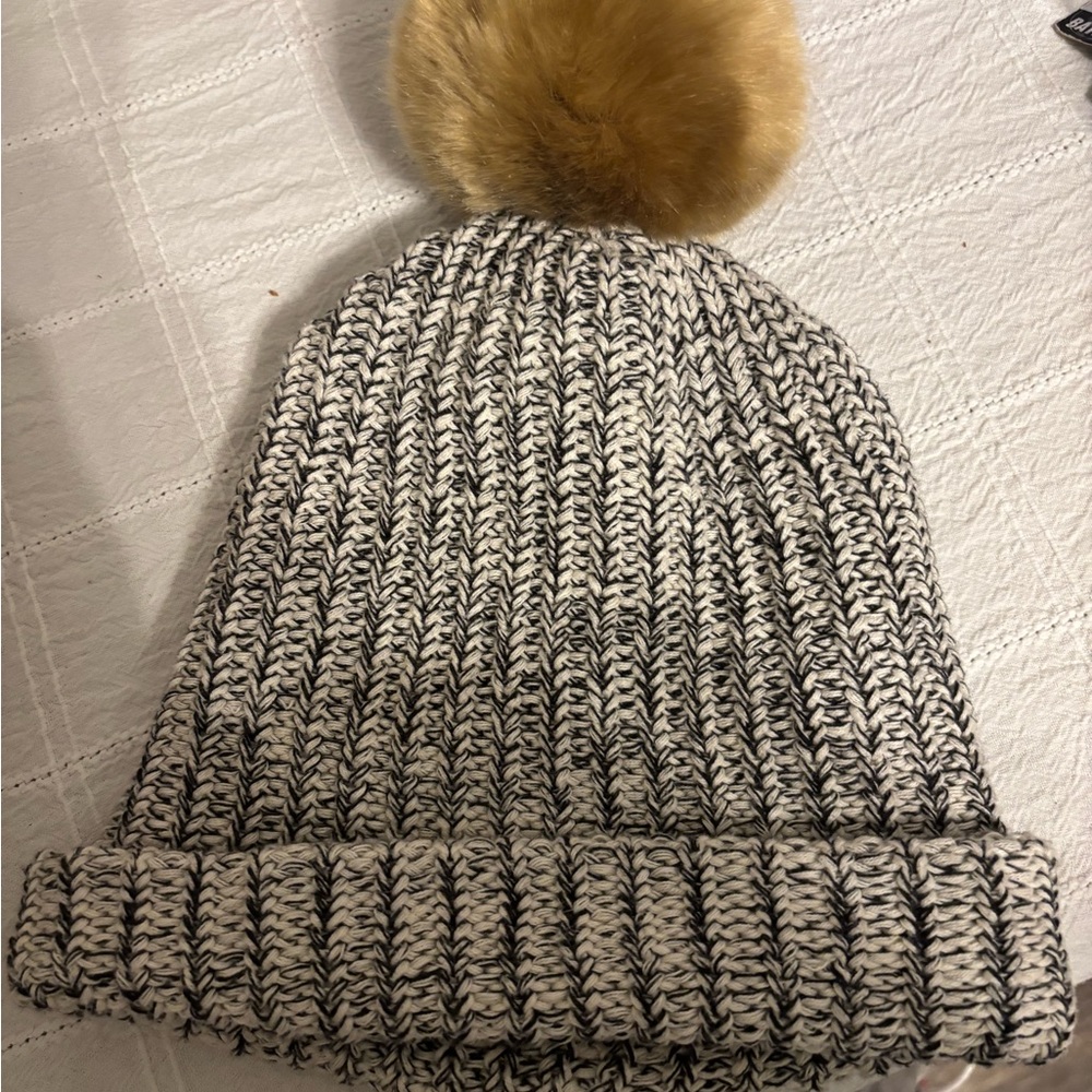 Love Your Melon Black and White Knit Hat with Tan Pom